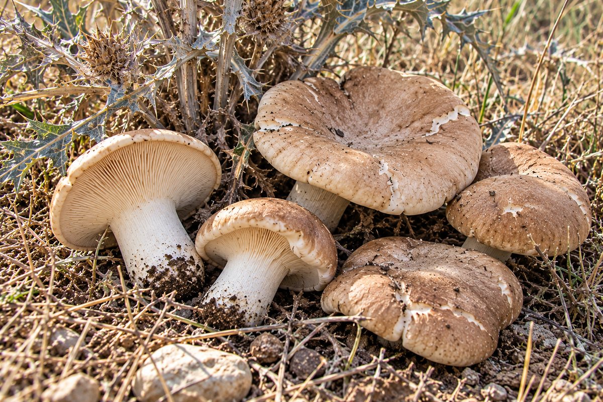 Seta de cardo (Pleurotus eryngii), ilustración en su hábitat: prados secos, eriales, barbechos