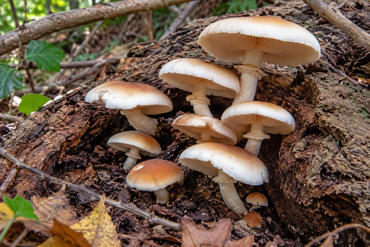 Seta de chopo (Cyclocybe aegerita), ilustración en su hábitat: choperas, riberas, parques, sobre troncos, tocones de chopos