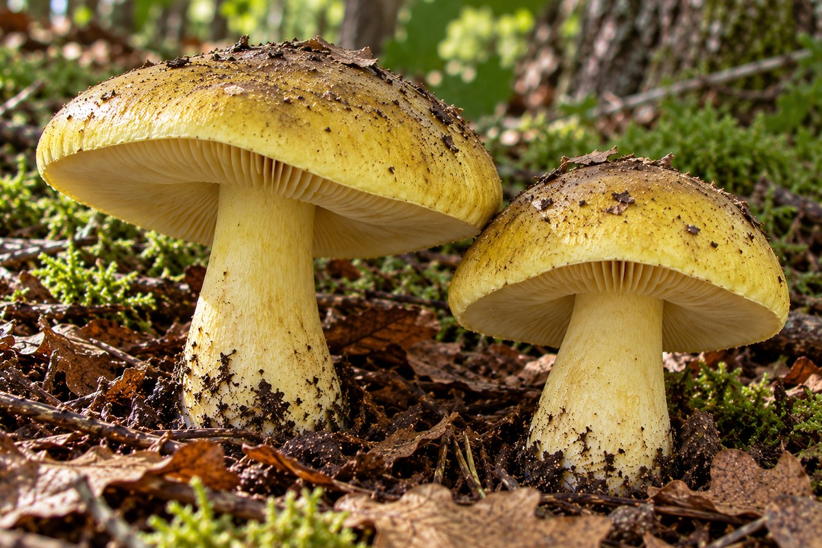 Seta de los caballeros (Tricholoma equestre), ilustración en su hábitat: pinares sobre suelos arenosos