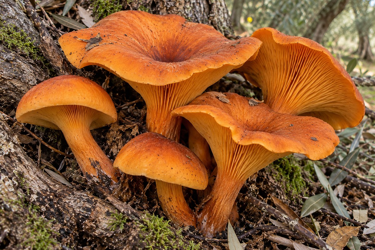 Seta de olivo (Omphalotus olearius), ilustración en su hábitat: olivares, encinares, castañares