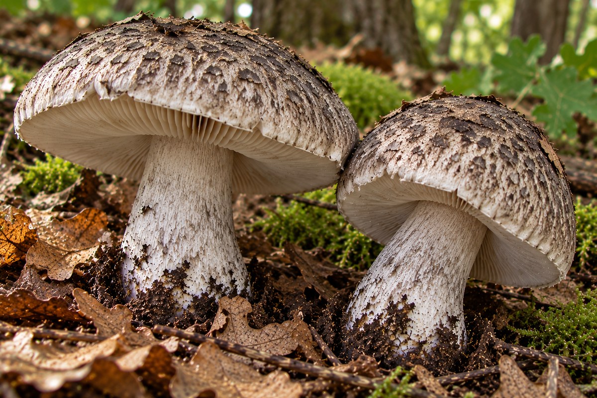 Tricoloma atigrado (Tricholoma pardinum), ilustración en su hábitat: hayedos, abetales, pinares de montaña en suelos calizos