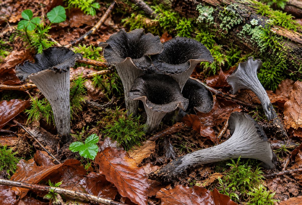 Trompeta de los muertos (Craterellus cornucopioides), ilustración en su hábitat: hayedos, robledales húmedos, entre hojarasca